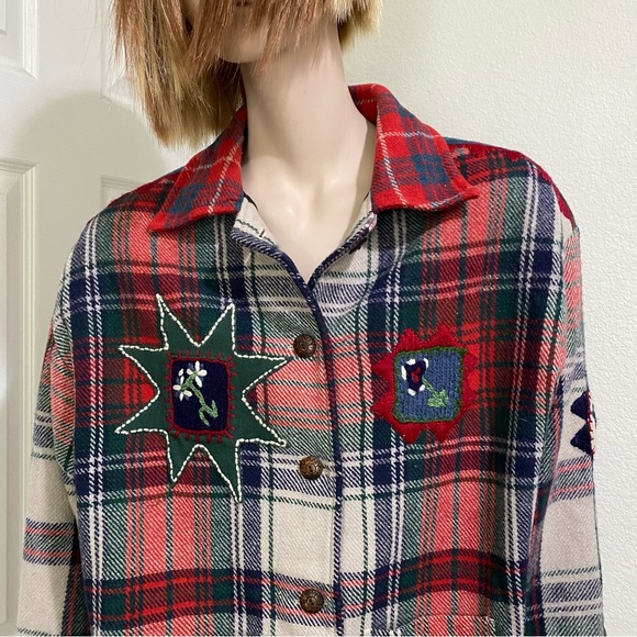 Vintage SANDY STARKMAN Red Plaid  Embroider Appliqué Wool Blend Shacket Jacket L - Picture 8 of 15